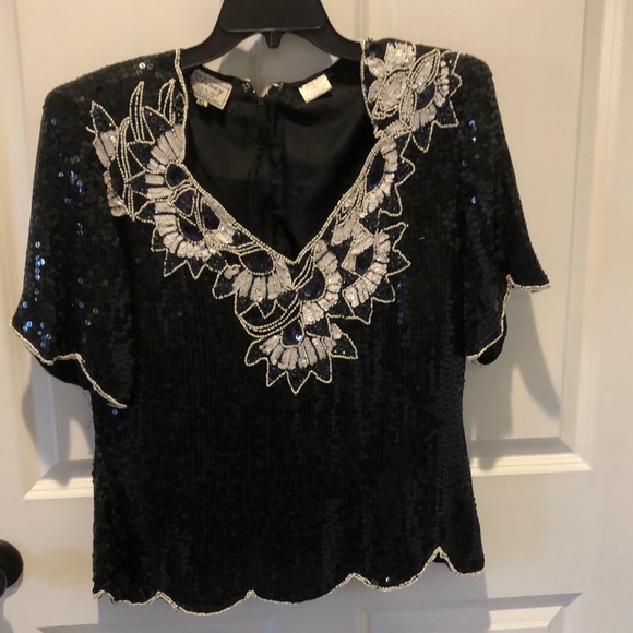Stenay Tops - Sequin top black with white beading. Size XL